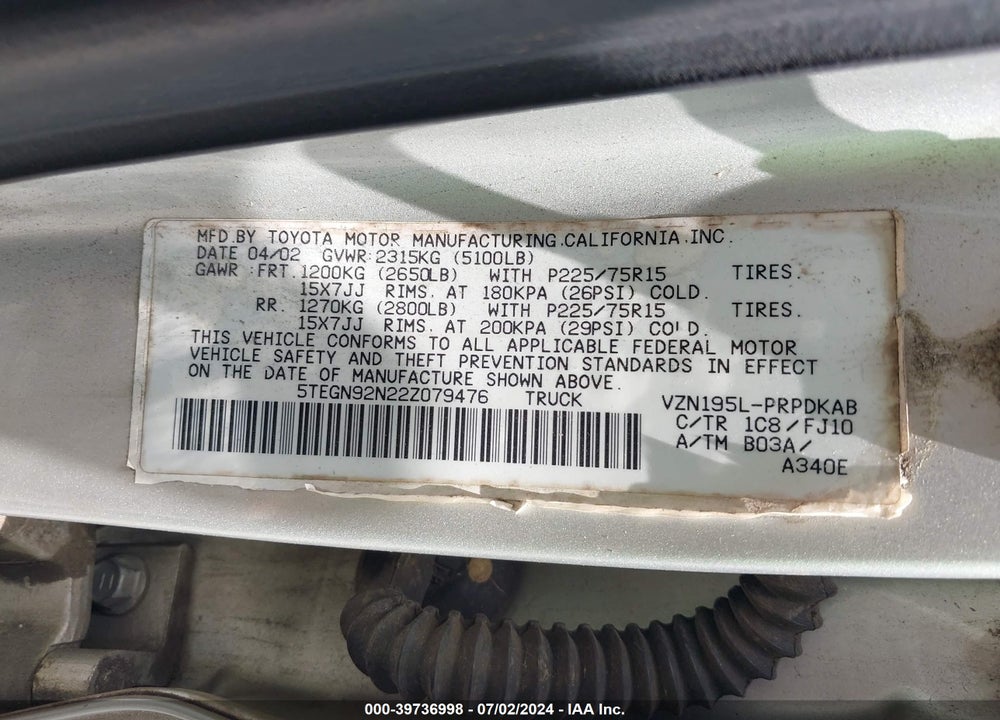 2002 TOYOTA TACOMA PRERUNNER V6 VIN: 5TEGN92N22Z079476