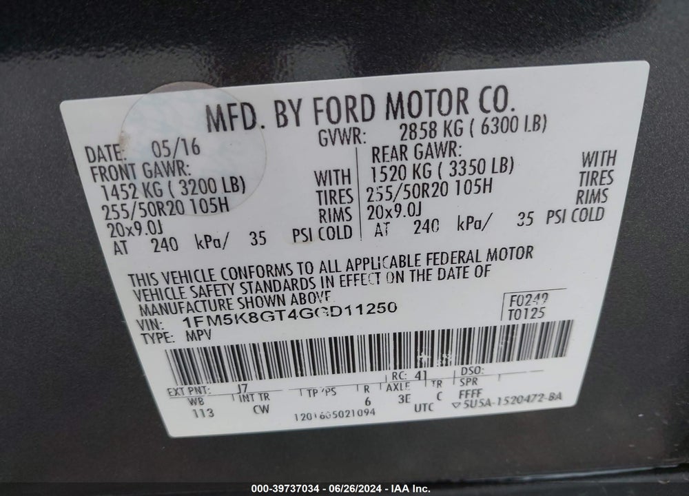 2016 FORD EXPLORER SPORT VIN: 1FM5K8GT4GGD11250