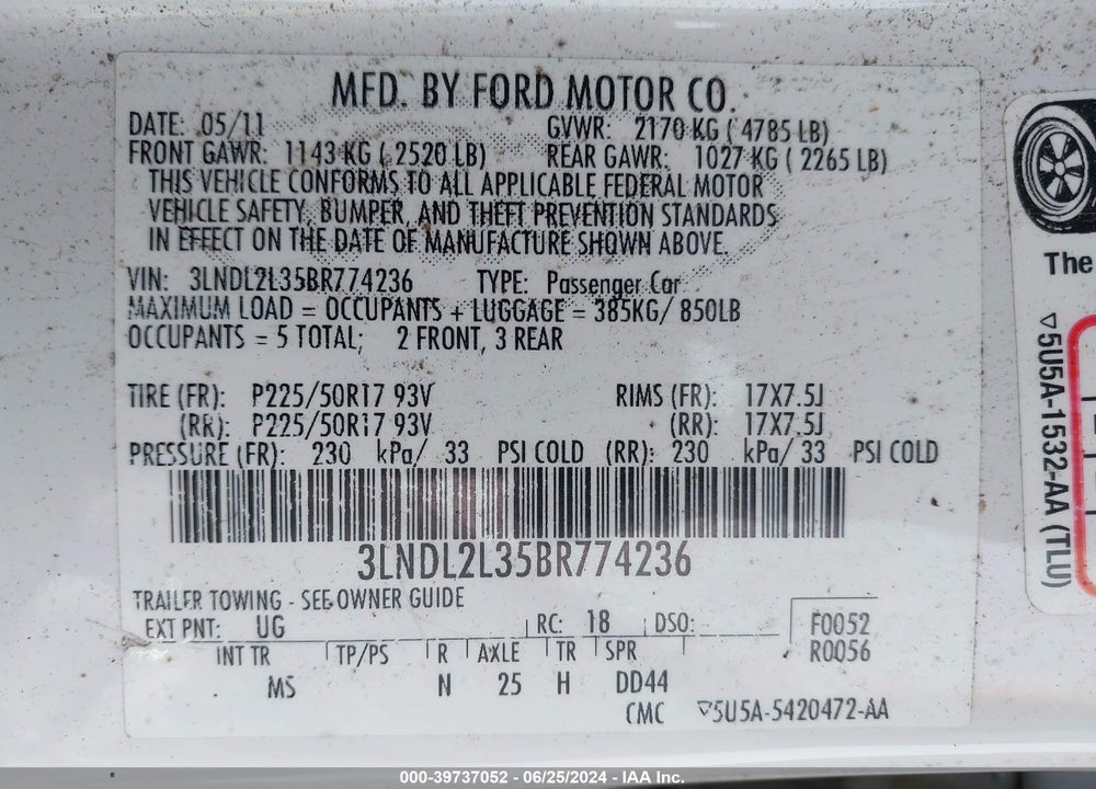 2011 LINCOLN MKZ HYBRID VIN: 3LNDL2L35BR774236