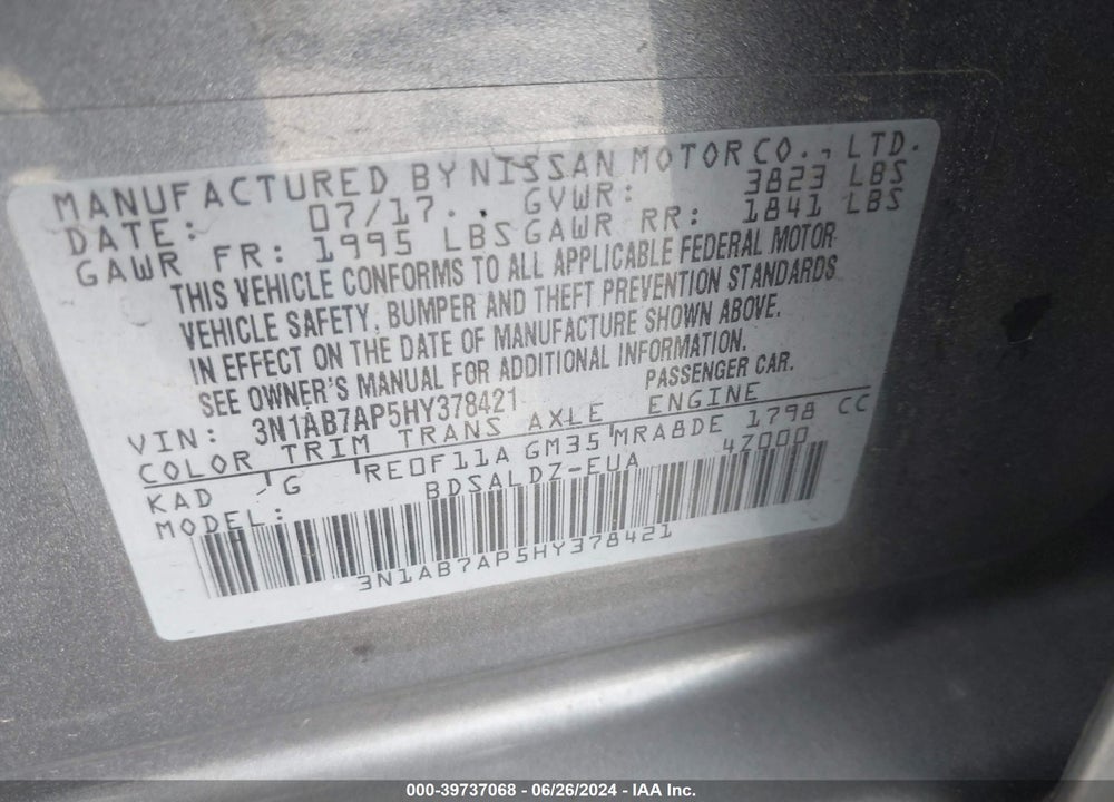 2017 NISSAN SENTRA SV VIN: 3N1AB7AP5HY378421