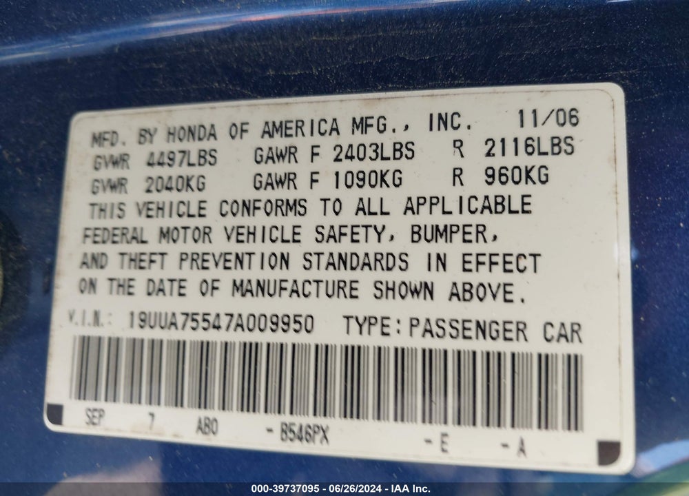 2007 ACURA TL TYPE S VIN: 19UUA75547A009950