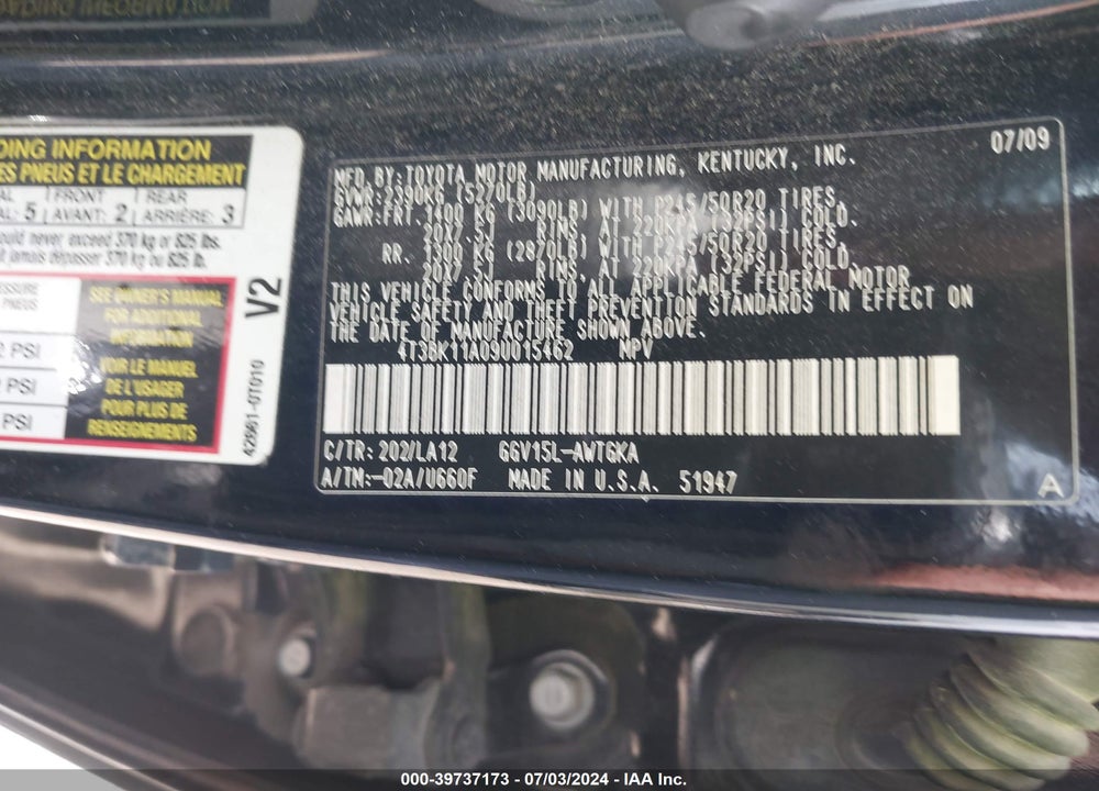 2009 TOYOTA VENZA BASE V6 VIN: 4T3BK11A09U015462