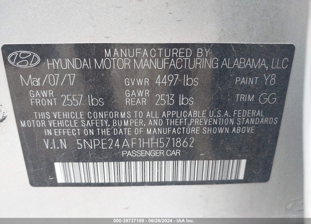 2017 HYUNDAI SONATA SE VIN: 5NPE24AF1HH571862