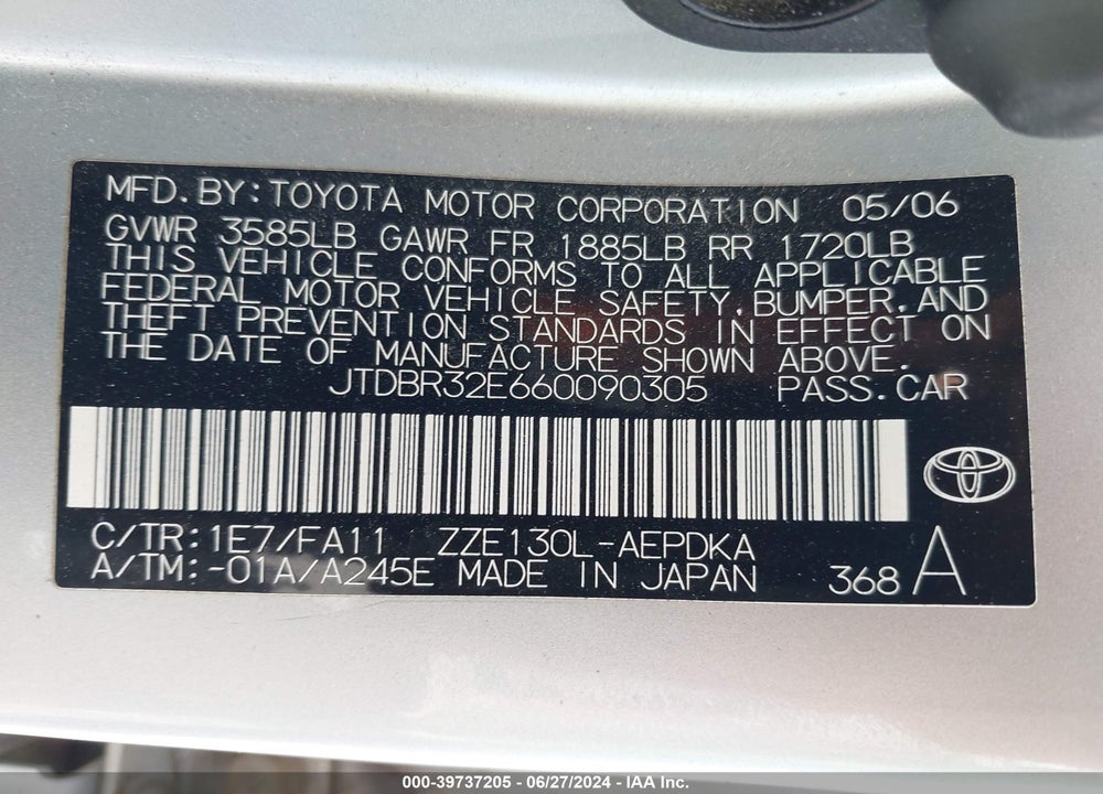 2006 TOYOTA COROLLA CE VIN: JTDBR32E660090305