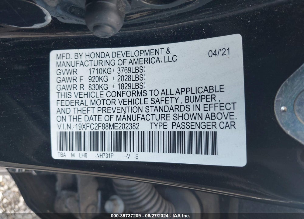 2021 HONDA CIVIC SPORT VIN: 19XFC2F88ME202382