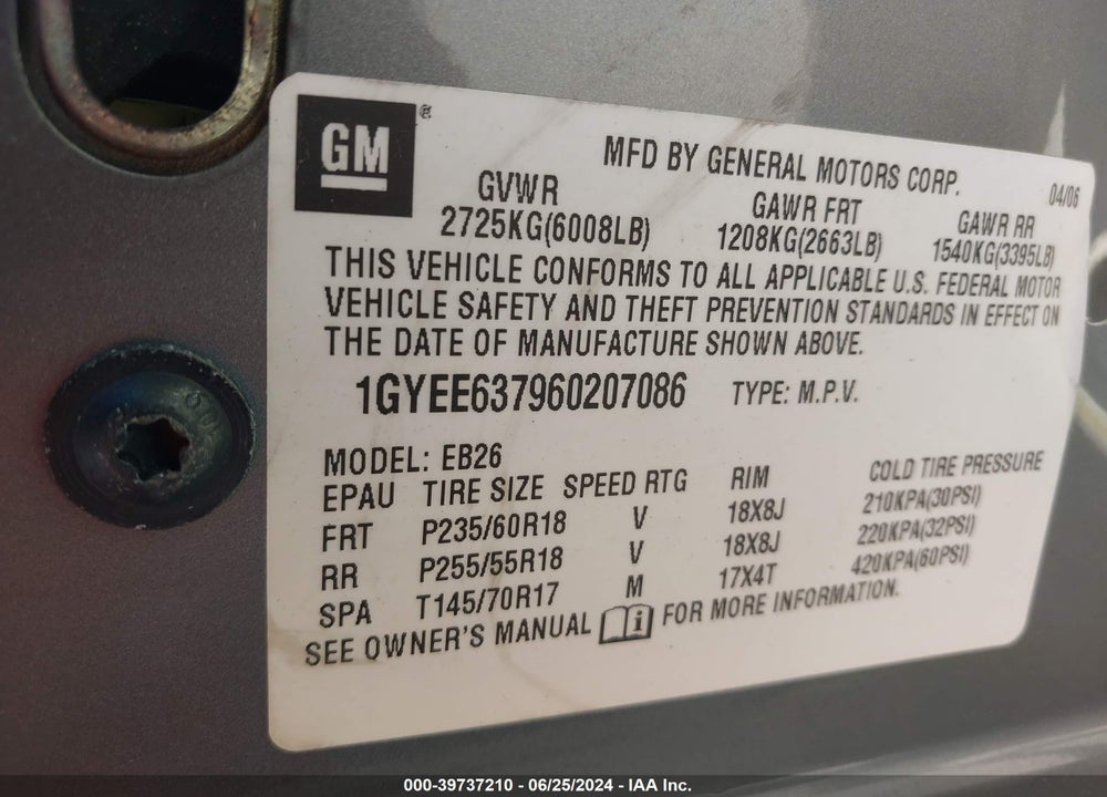 2006 CADILLAC SRX V6 VIN: 1GYEE637960207086
