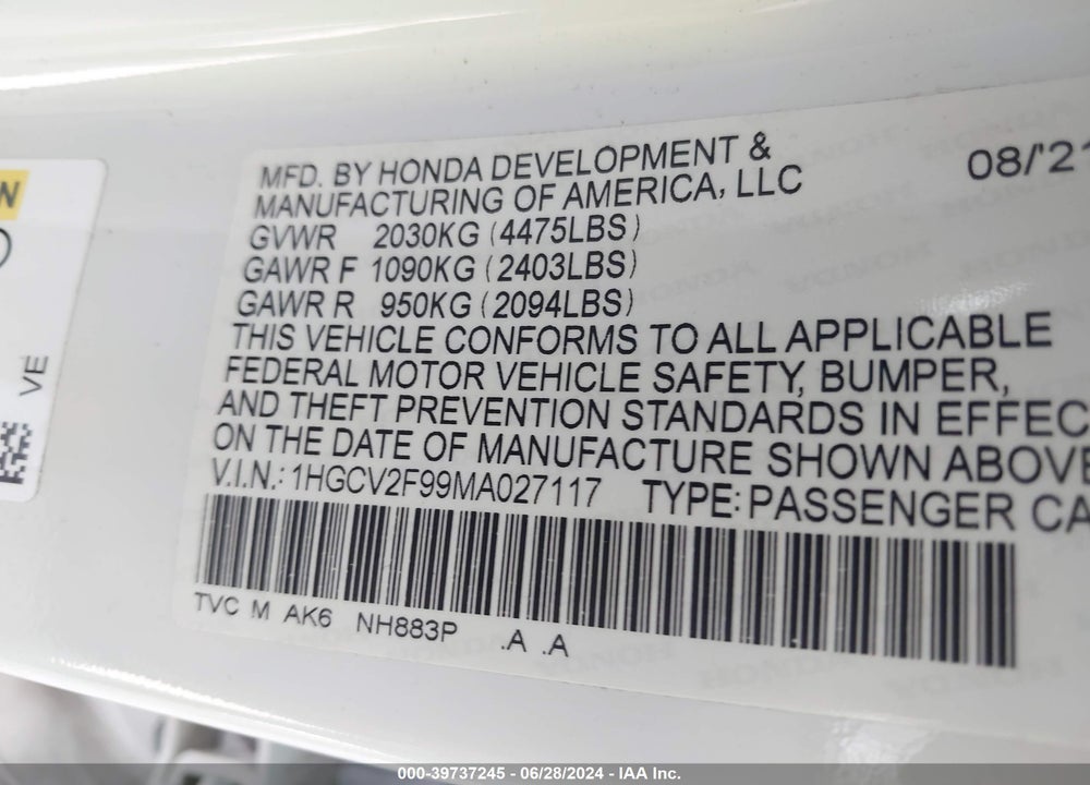 2021 HONDA ACCORD TOURING VIN: 1HGCV2F99MA027117