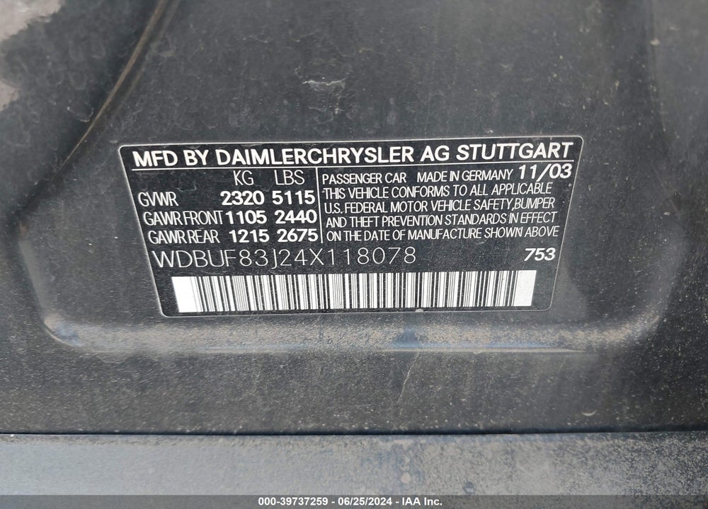 2004 MERCEDES-BENZ E 500 4MATIC VIN: WDBUF83J24X118078