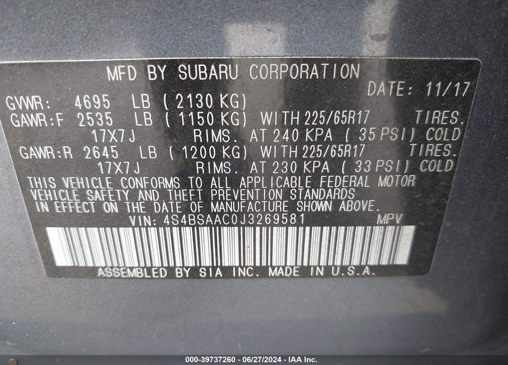 2018 SUBARU OUTBACK 2.5I VIN: 4S4BSAAC0J3269581