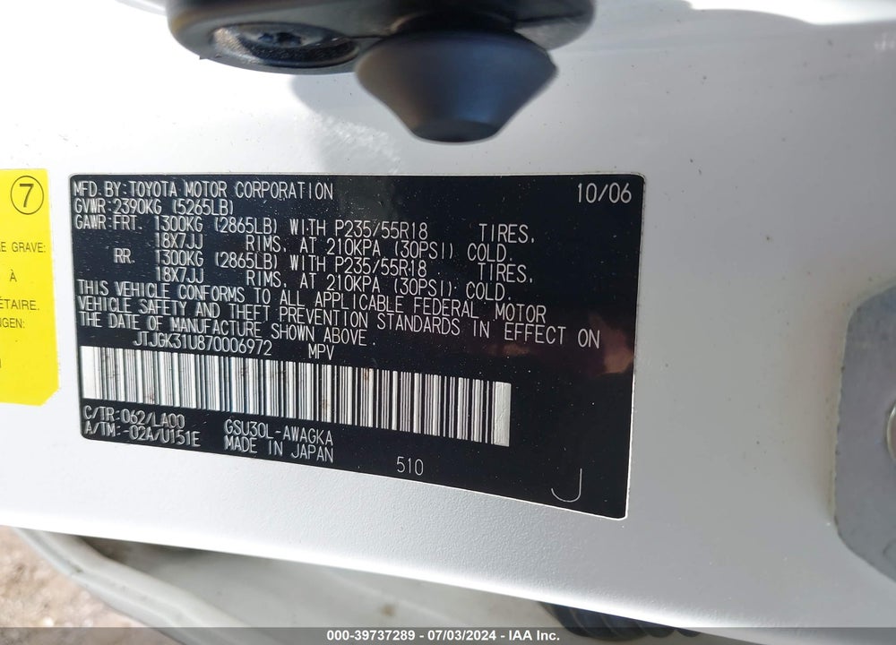 2007 LEXUS RX 350 VIN: JTJGK31U870006972