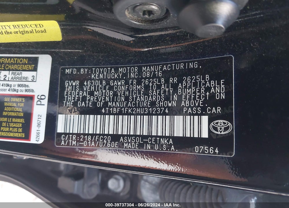 2017 TOYOTA CAMRY LE VIN: 4T1BF1FK2HU312374