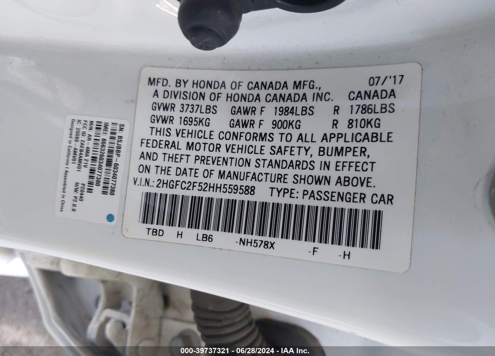 2017 HONDA CIVIC LX VIN: 2HGFC2F52HH559588