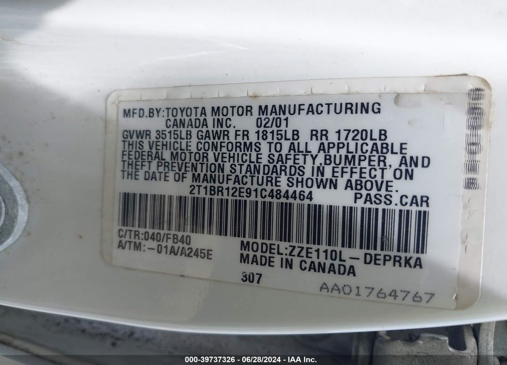 2001 TOYOTA COROLLA CE VIN: 2T1BR12E91C484464
