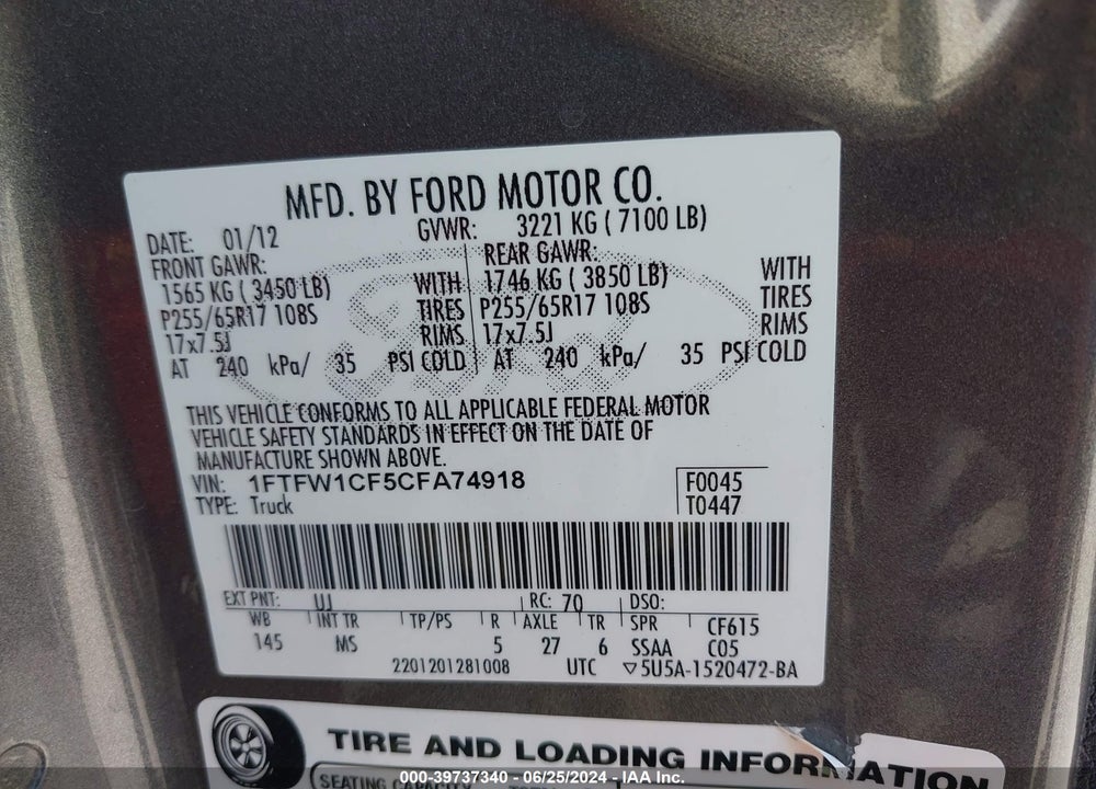 2012 FORD F-150 XLT VIN: 1FTFW1CF5CFA74918