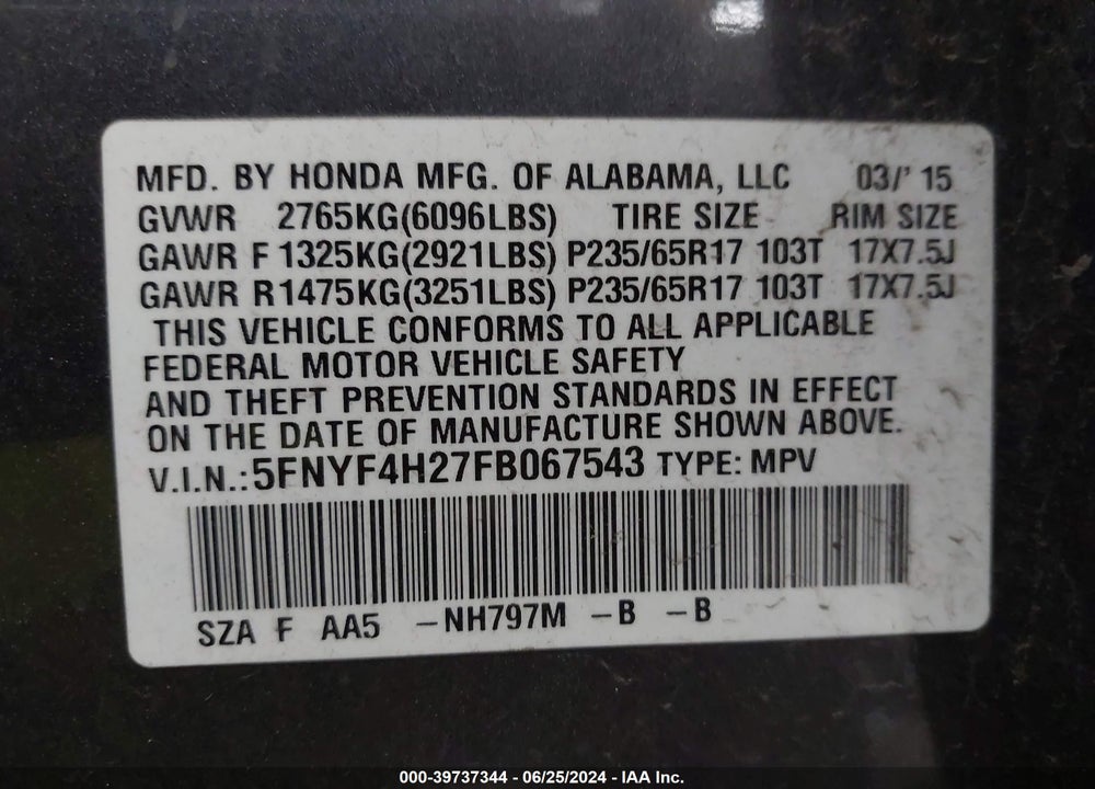 2015 HONDA PILOT LX VIN: 5FNYF4H27FB067543