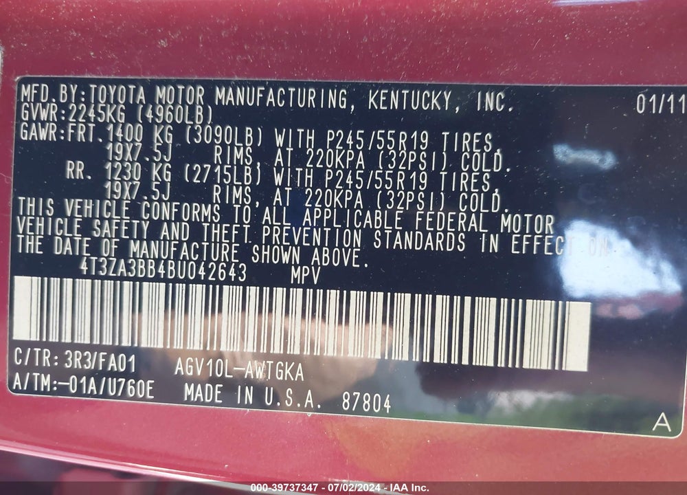 2011 TOYOTA VENZA VIN: 4T3ZA3BB4BU042643