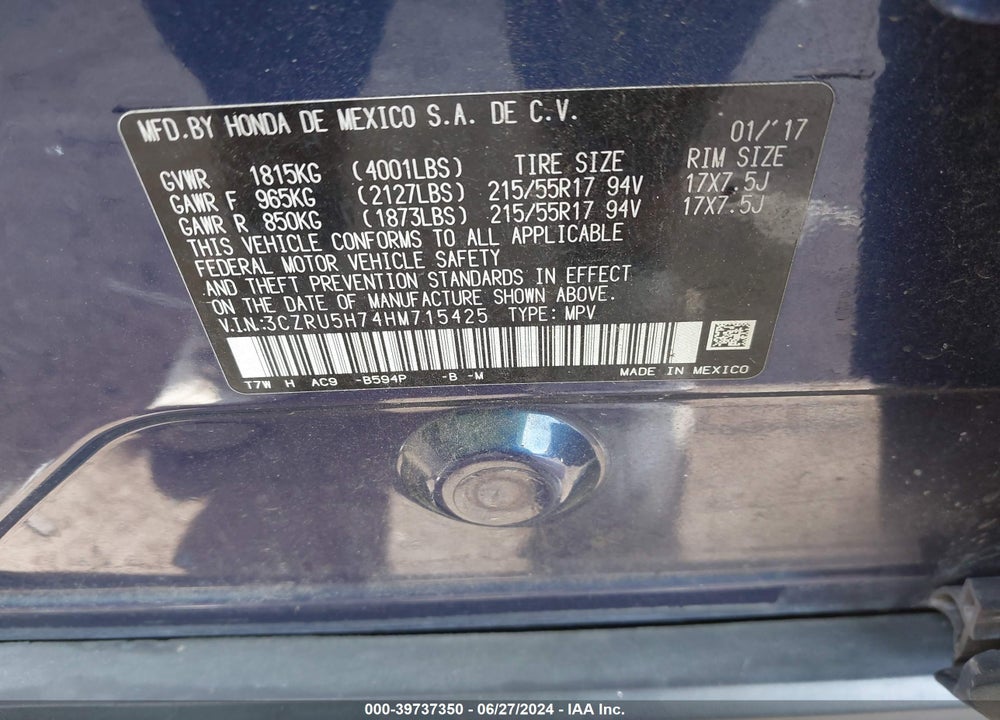 2017 HONDA HR-V EX-L VIN: 3CZRU5H74HM715425