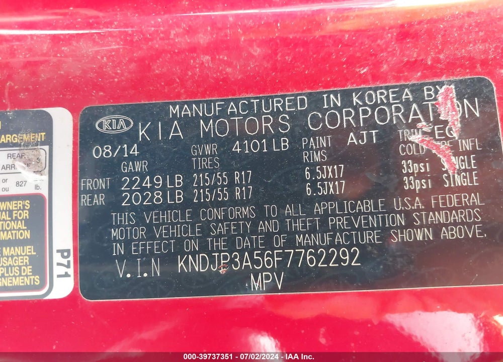 2015 KIA SOUL VIN: KNDJP3A56F7762292