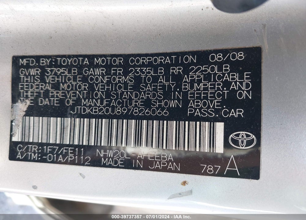 2009 TOYOTA PRIUS VIN: JTDKB20U897826066