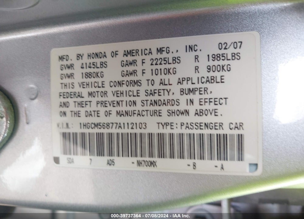 2007 HONDA ACCORD 2.4 EX VIN: 1HGCM56877A112103