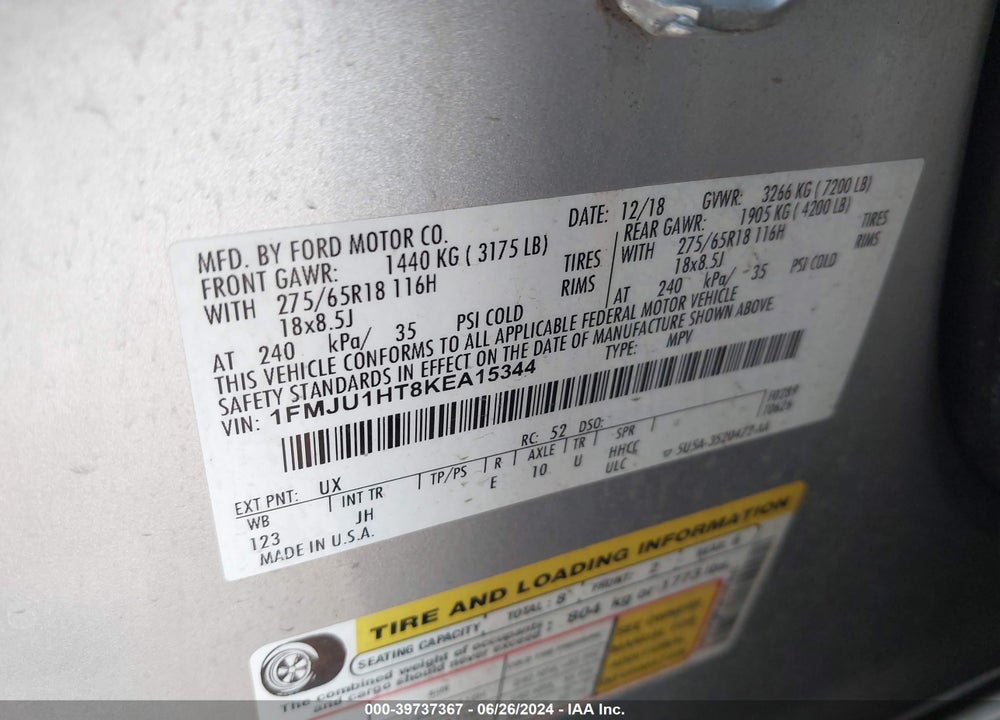 2019 FORD EXPEDITION XLT VIN: 1FMJU1HT8KEA15344