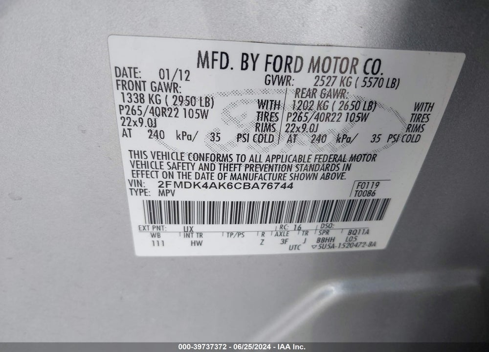 2012 FORD EDGE SPORT VIN: 2FMDK4AK6CBA76744