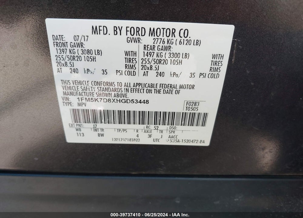 2017 FORD EXPLORER XLT VIN: 1FM5K7D8XHGD53448