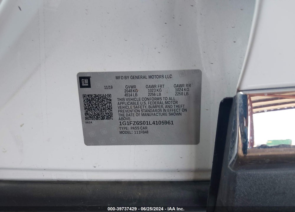 2020 CHEVROLET BOLT EV FWD PREMIER VIN: 1G1FZ6S01L4105961