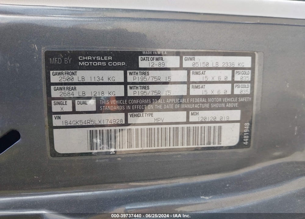 1990 DODGE GRAND CARAVAN LE VIN: 1B4GK54R5LX174928