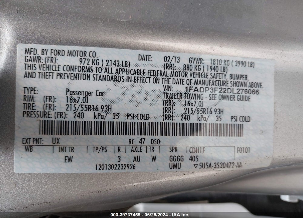 2013 FORD FOCUS SE VIN: 1FADP3F22DL276066
