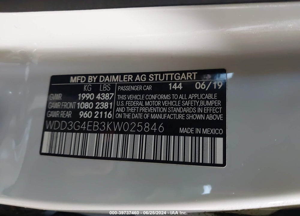 2019 MERCEDES-BENZ A 220 VIN: WDD3G4EB3KW025846