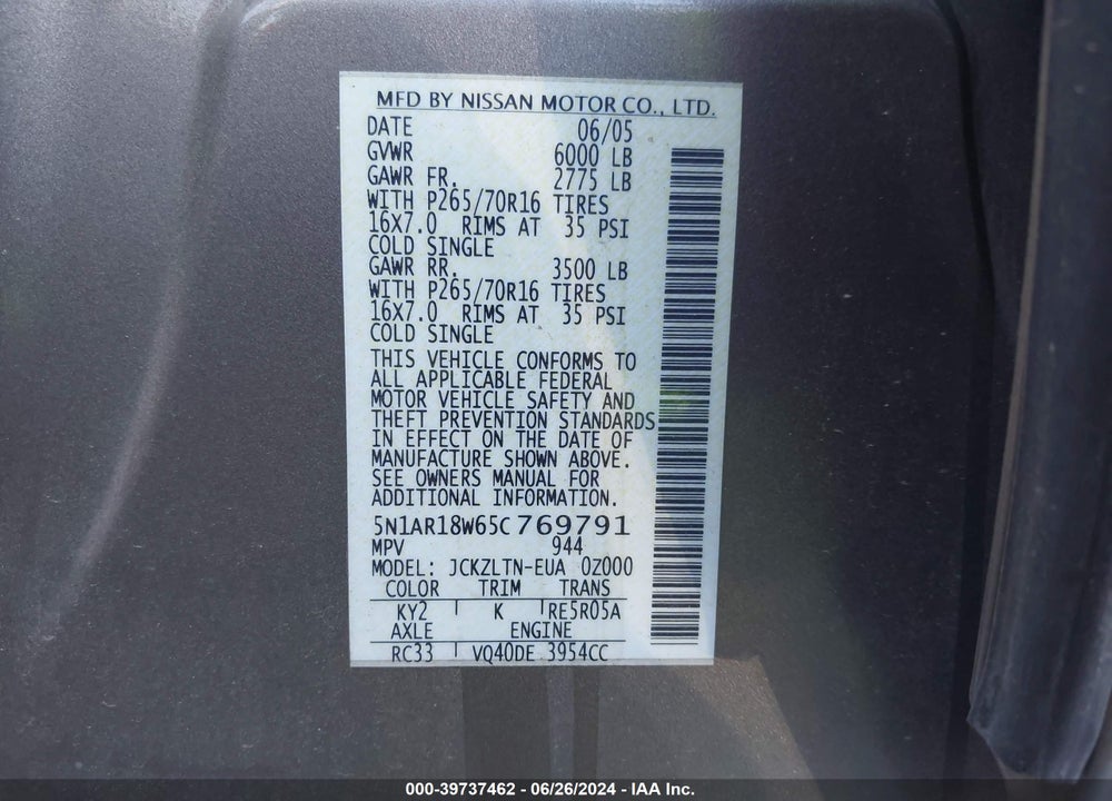 2005 NISSAN PATHFINDER SE VIN: 5N1AR18W65C769791