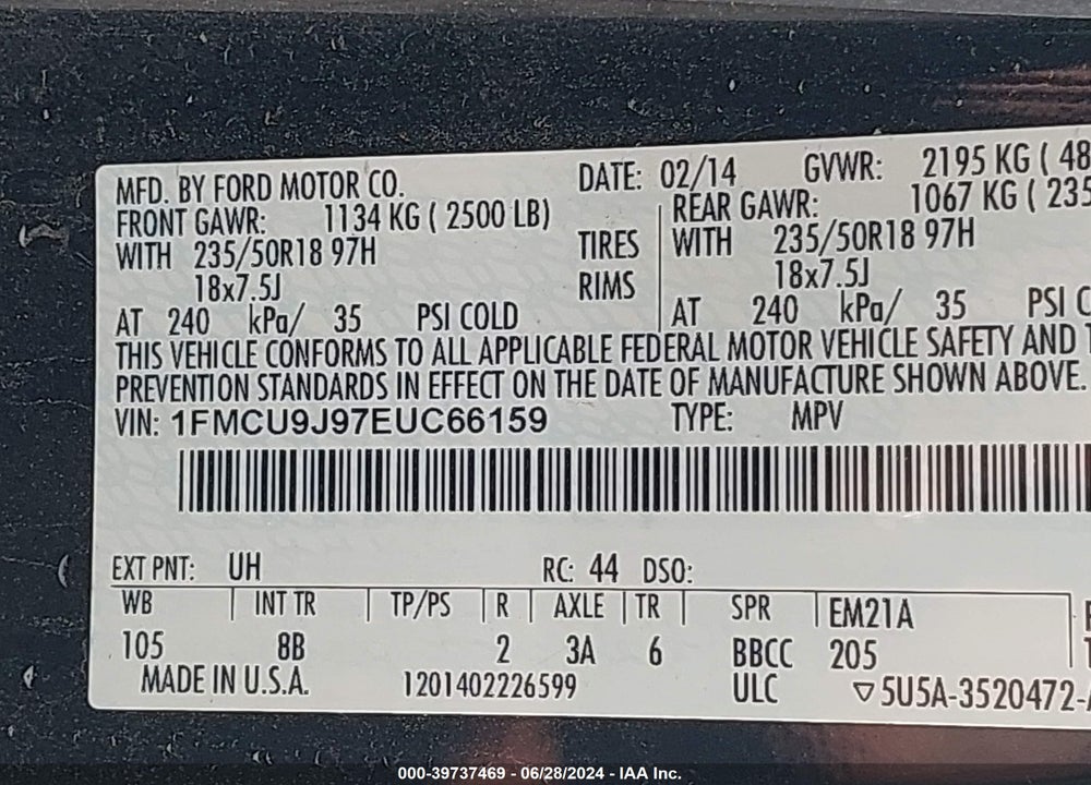 2014 FORD ESCAPE VIN: 1FMCU9J97EUC66159