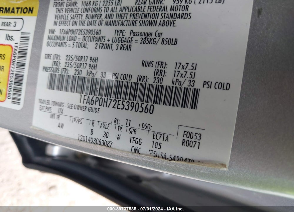2014 FORD FUSION SE VIN: 1FA6P0H72E5390560