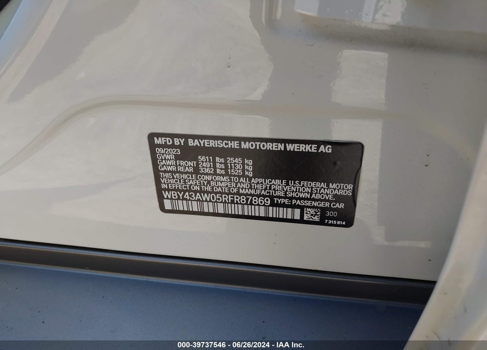2024 BMW I4 EDRIVE35 VIN: WBY43AW05RFR87869