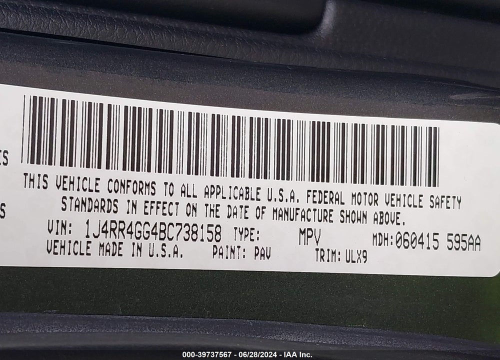 2011 CHEROKEE JEEP GRAND  LAREDO VIN: 1J4RR4GG4BC738158