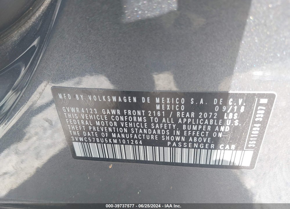 2019 VOLKSWAGEN JETTA 1.4T R-LINE/1.4T S/1.4T SE VIN: 3VWC57BU5KM101264