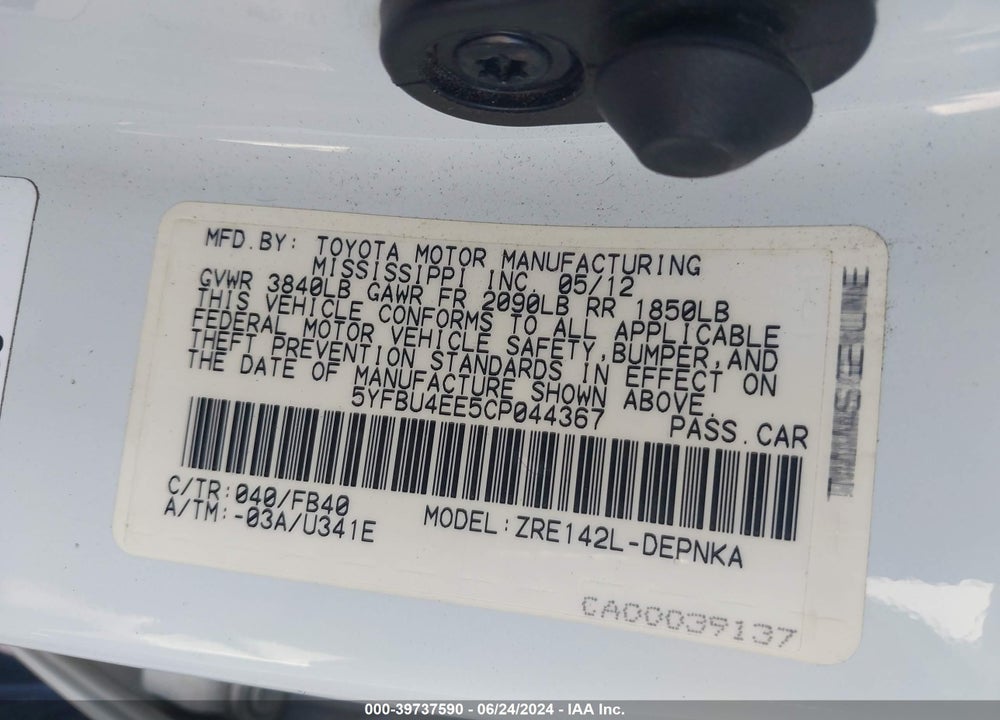 2012 TOYOTA COROLLA LE VIN: 5YFBU4EE5CP044367