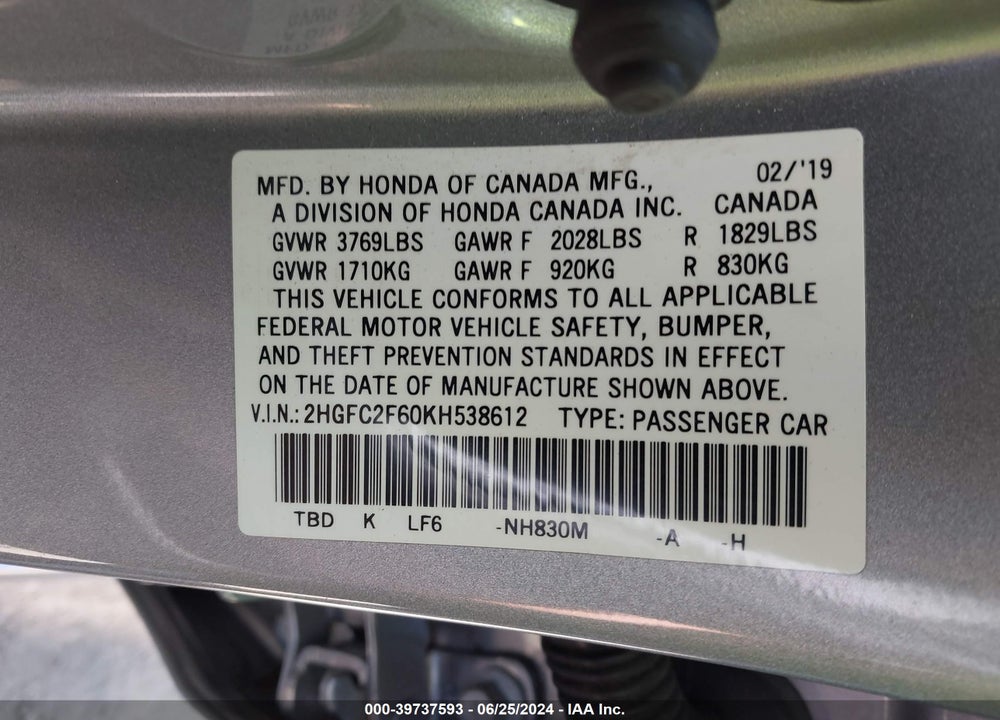 2019 HONDA CIVIC LX VIN: 2HGFC2F60KH538612