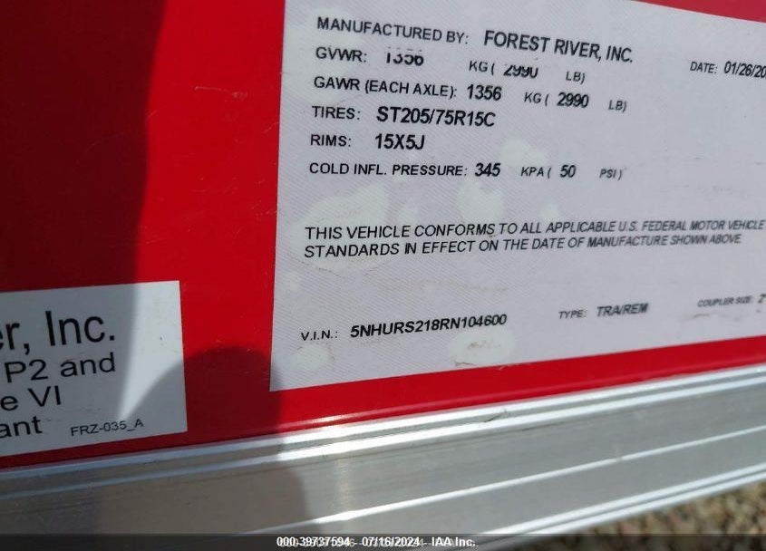 2024 FOREST RIVER TRAILER VIN: 5NHURS218RN104600