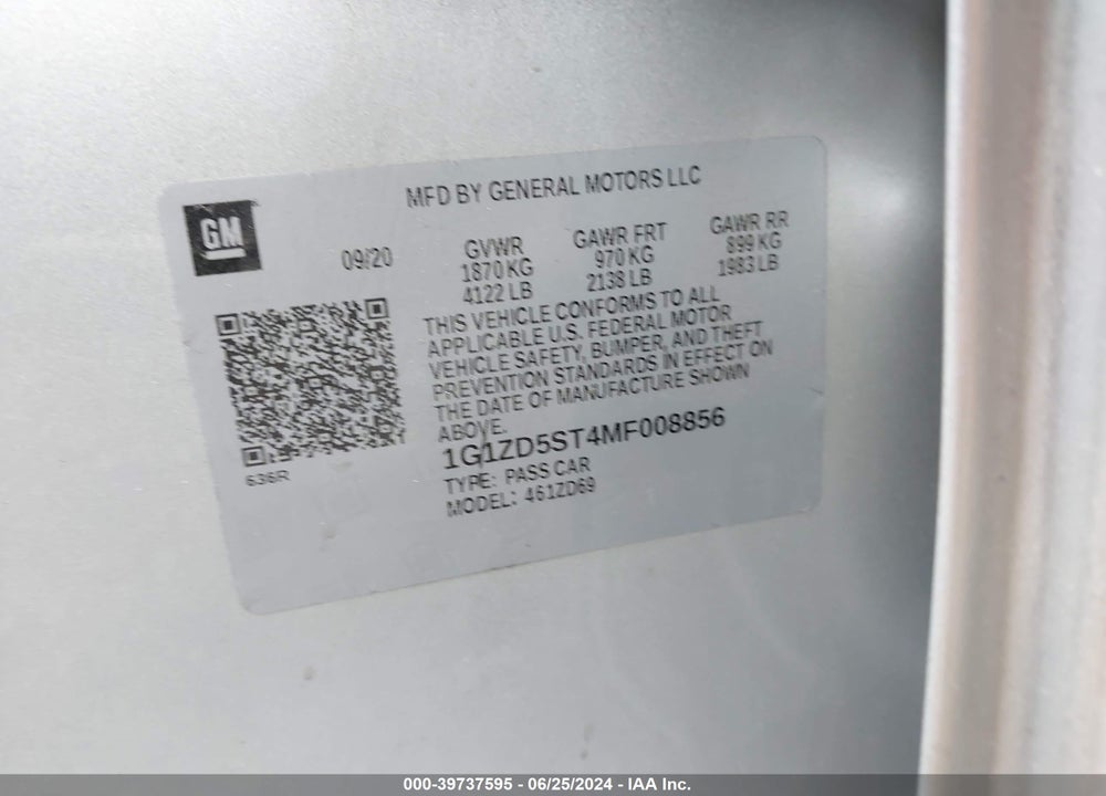 2021 CHEVROLET MALIBU FWD LT VIN: 1G1ZD5ST4MF008856