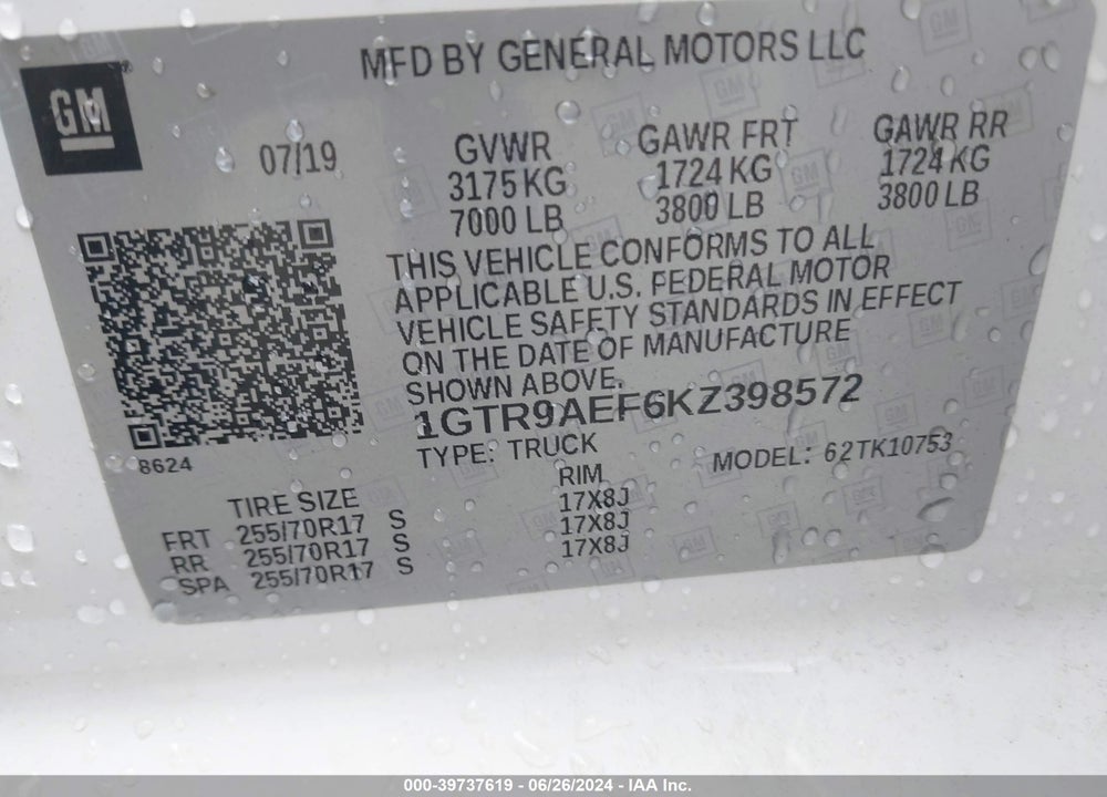 2019 GMC SIERRA 1500 VIN: 1GTR9AEF6KZ398572
