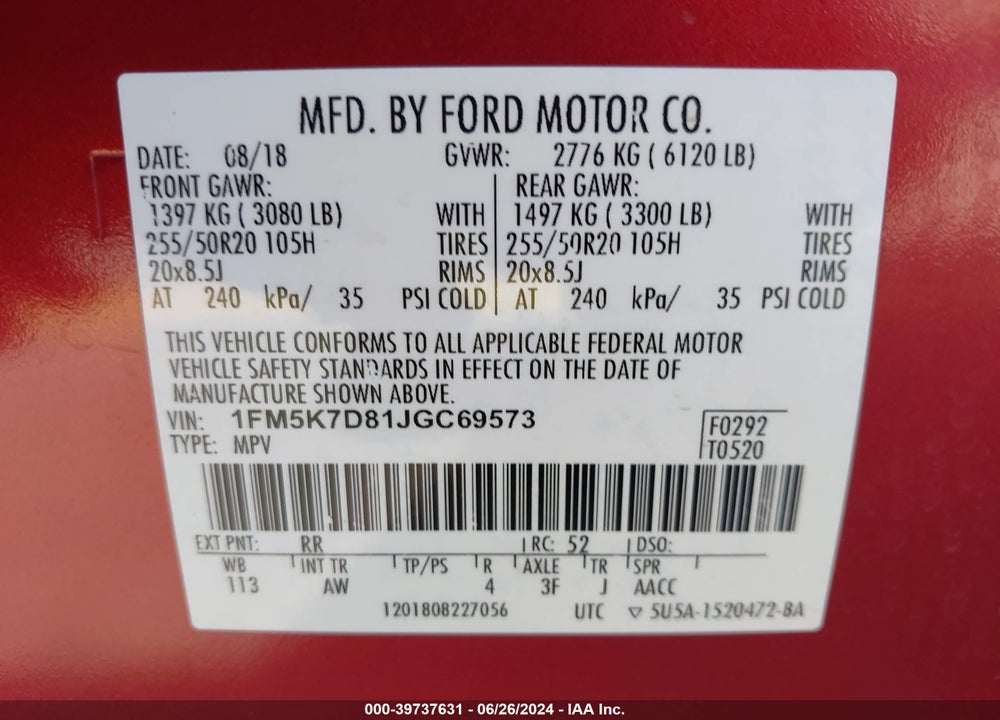 2018 FORD EXPLORER XLT VIN: 1FM5K7D81JGC69573