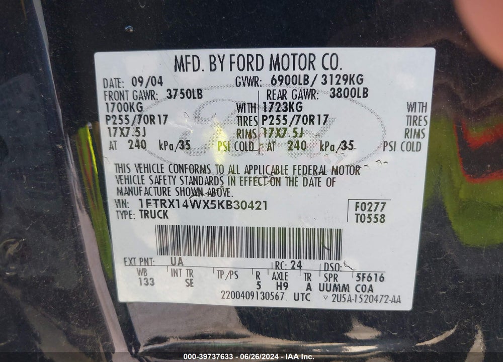2005 FORD F-150 STX/XL/XLT VIN: 1FTRX14WX5KB30421