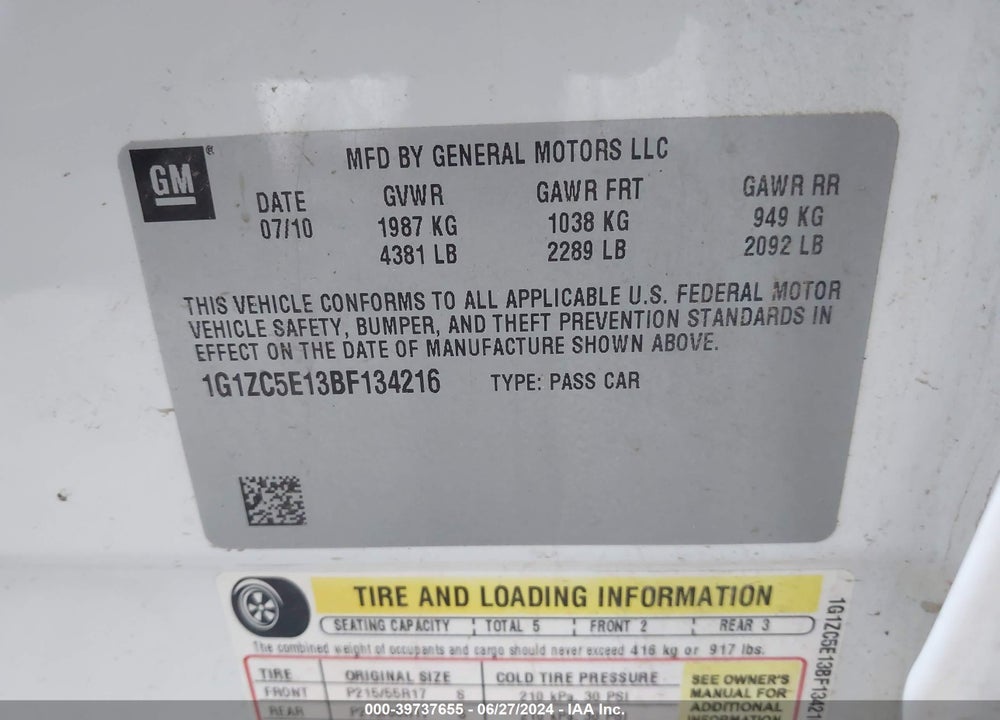 2011 CHEVROLET MALIBU 1LT VIN: 1G1ZC5E13BF134216