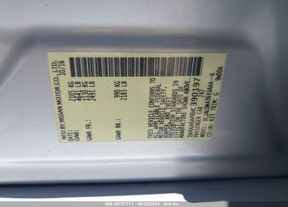 2017 NISSAN MAXIMA 3.5 S VIN: 1N4AA6AP8HC390197