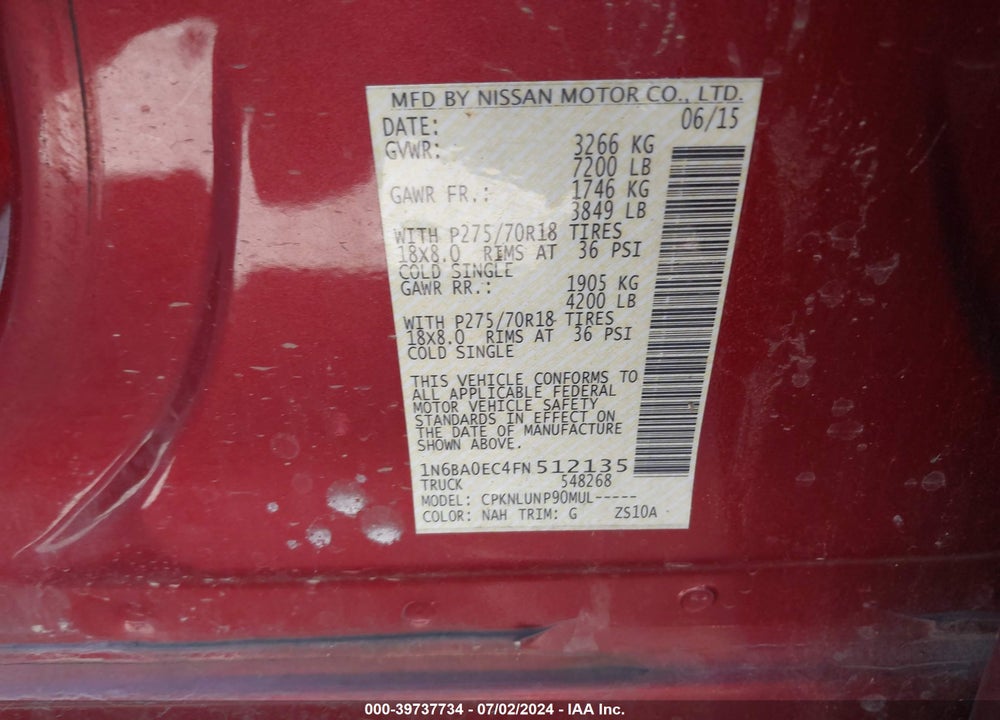 2015 NISSAN TITAN PRO-4X VIN: 1N6BA0EC4FN512135