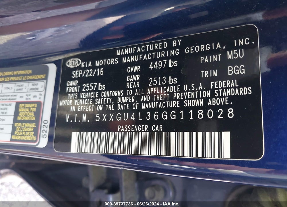2016 KIA OPTIMA EX VIN: 5XXGU4L36GG118028