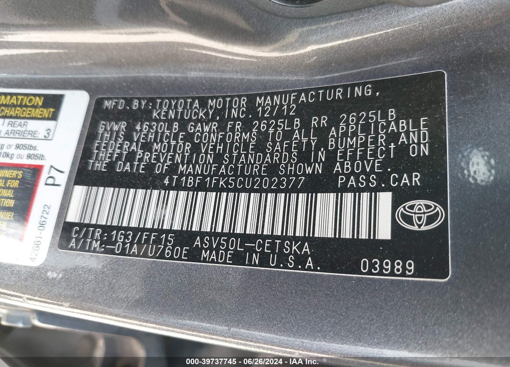 2012 TOYOTA CAMRY SE VIN: 4T1BF1FK5CU202377