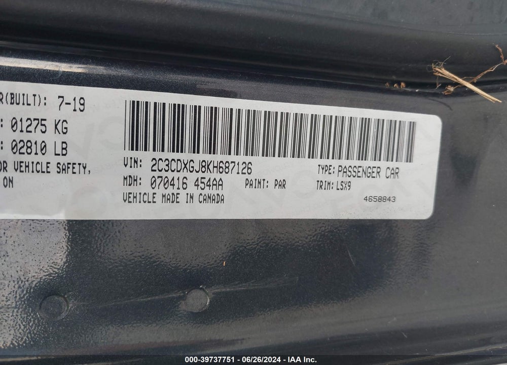 2019 DODGE CHARGER SCAT PACK RWD VIN: 2C3CDXGJ8KH687126